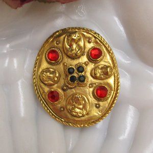 VINTAGE Renaissance Gold Gilt Red Rhinestone Oval Medallion Brooch